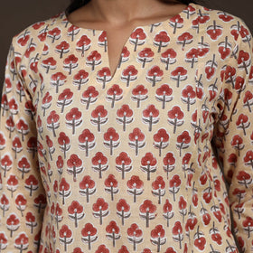 Beige - cotton a-line sanganeri kurta 01 - handcrafted