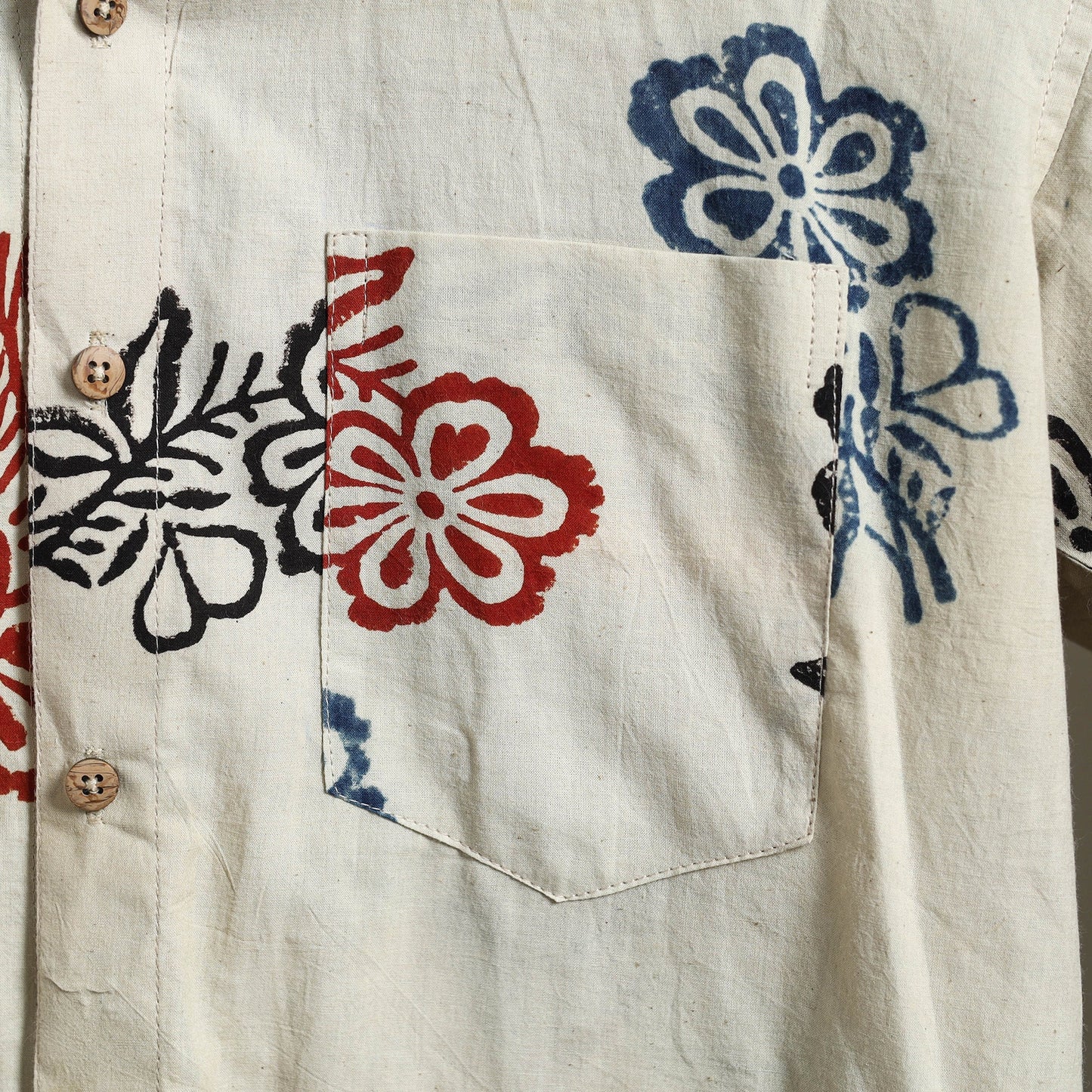 Beige Block Print Cotton Men Half Sleeve Ajrakh Shirt