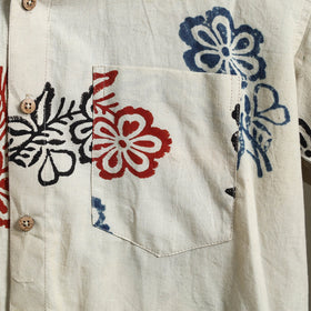 Beige Block Print Cotton Men Half Sleeve Ajrakh Shirt
