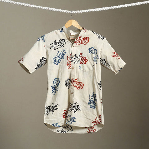 Beige Block Print Cotton Men Half Sleeve Ajrakh Shirt