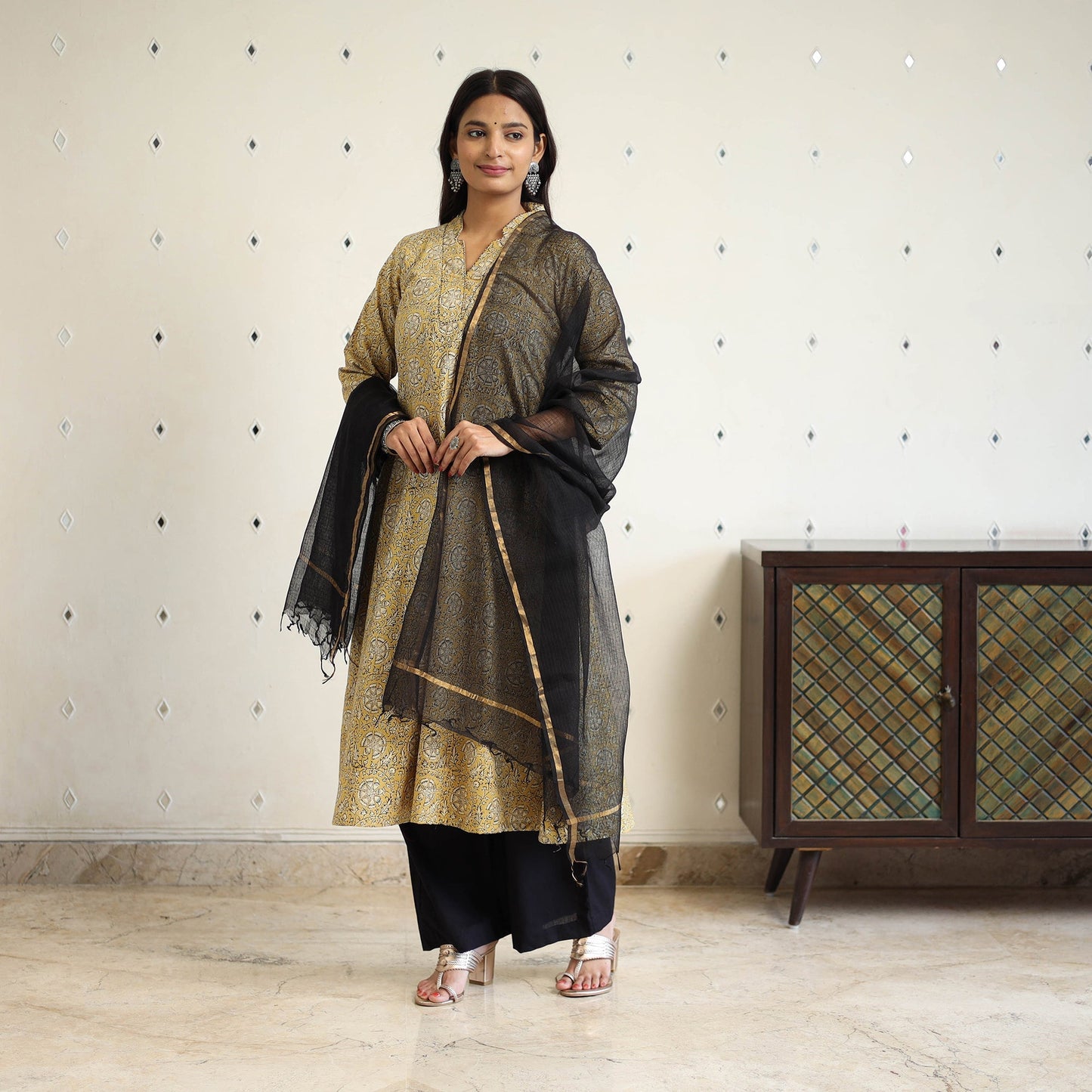 Beige Block Print Cotton Pedana Kalamkari Kurta Set (Set of 3)