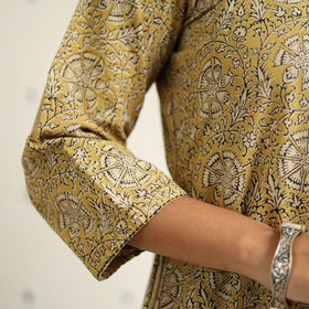 Beige Block Print Cotton Pedana Kalamkari Kurta Set (Set of 3)
