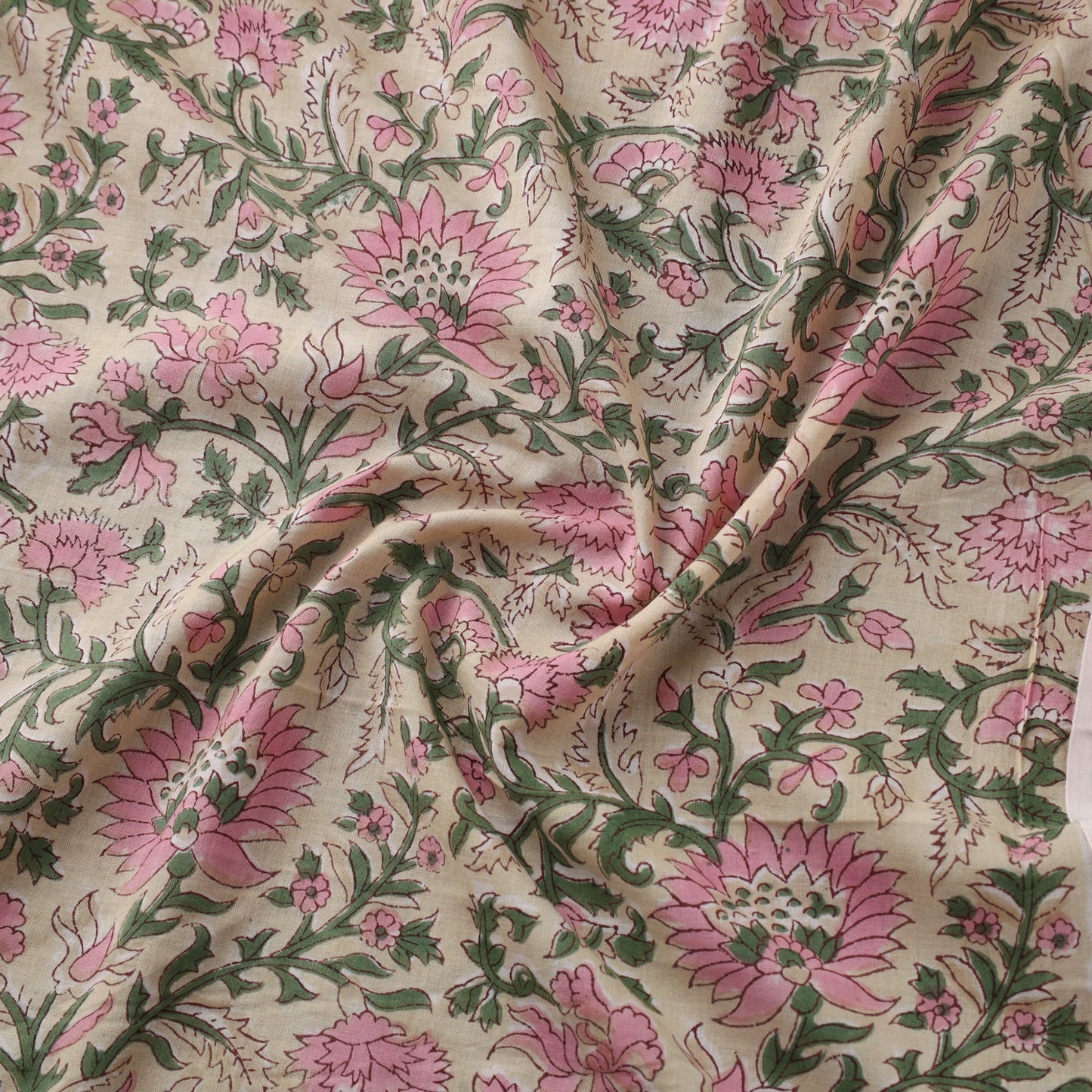 Beige Block Print Cotton Sanganeri Fabric