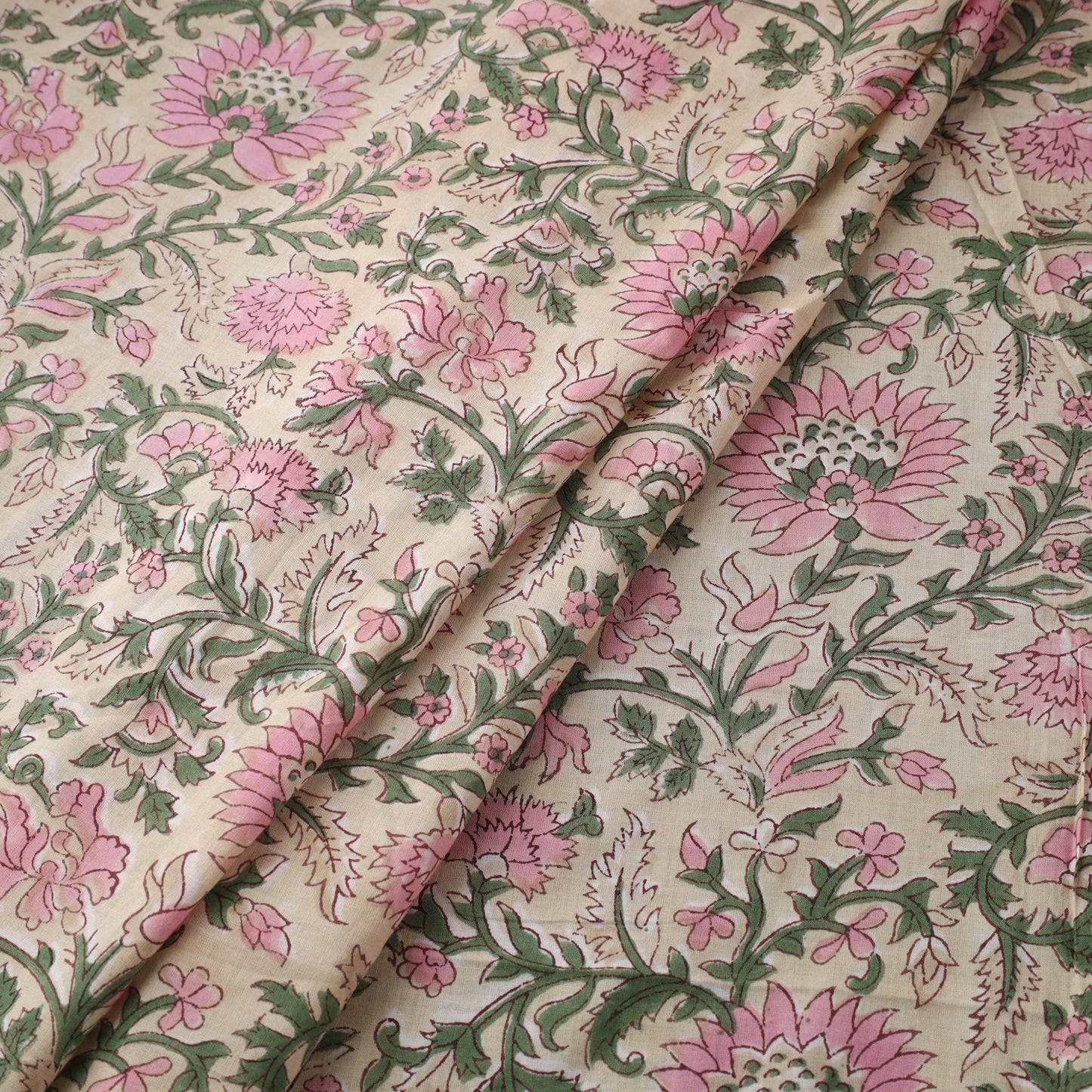 Beige Block Print Cotton Sanganeri Fabric