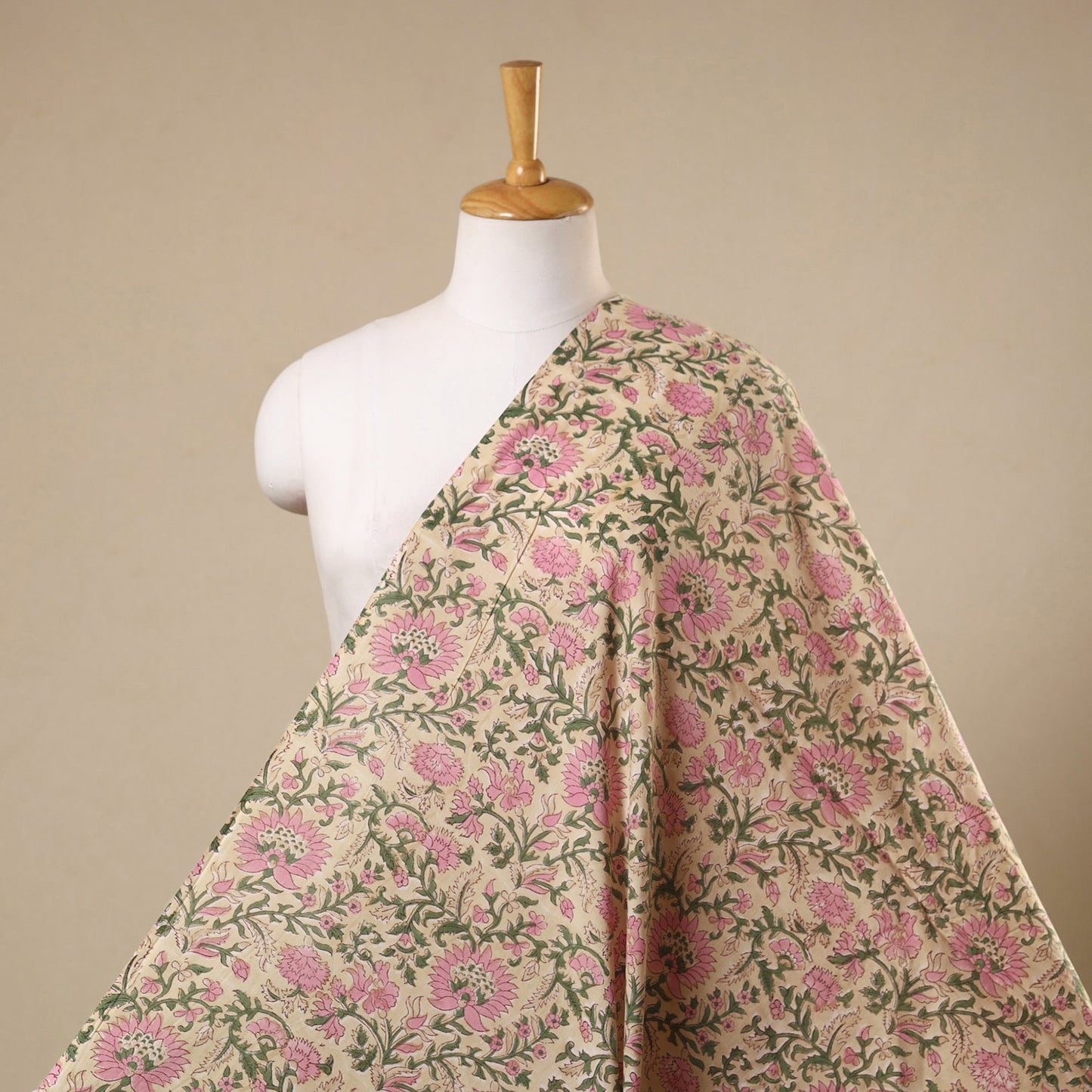 Beige Block Print Cotton Sanganeri Fabric