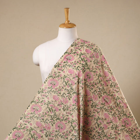 Beige Block Print Cotton Sanganeri Fabric