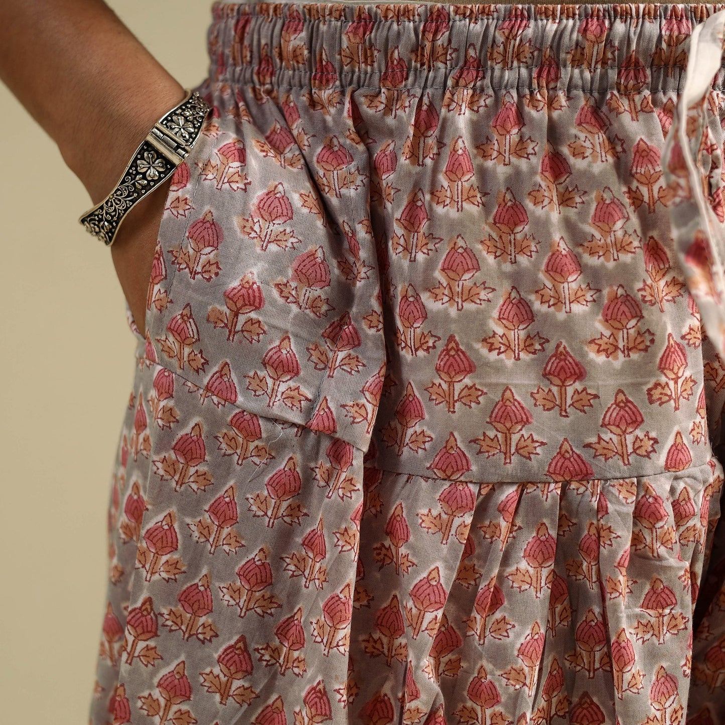 Beige Block Print Cotton Sanganeri Salwar