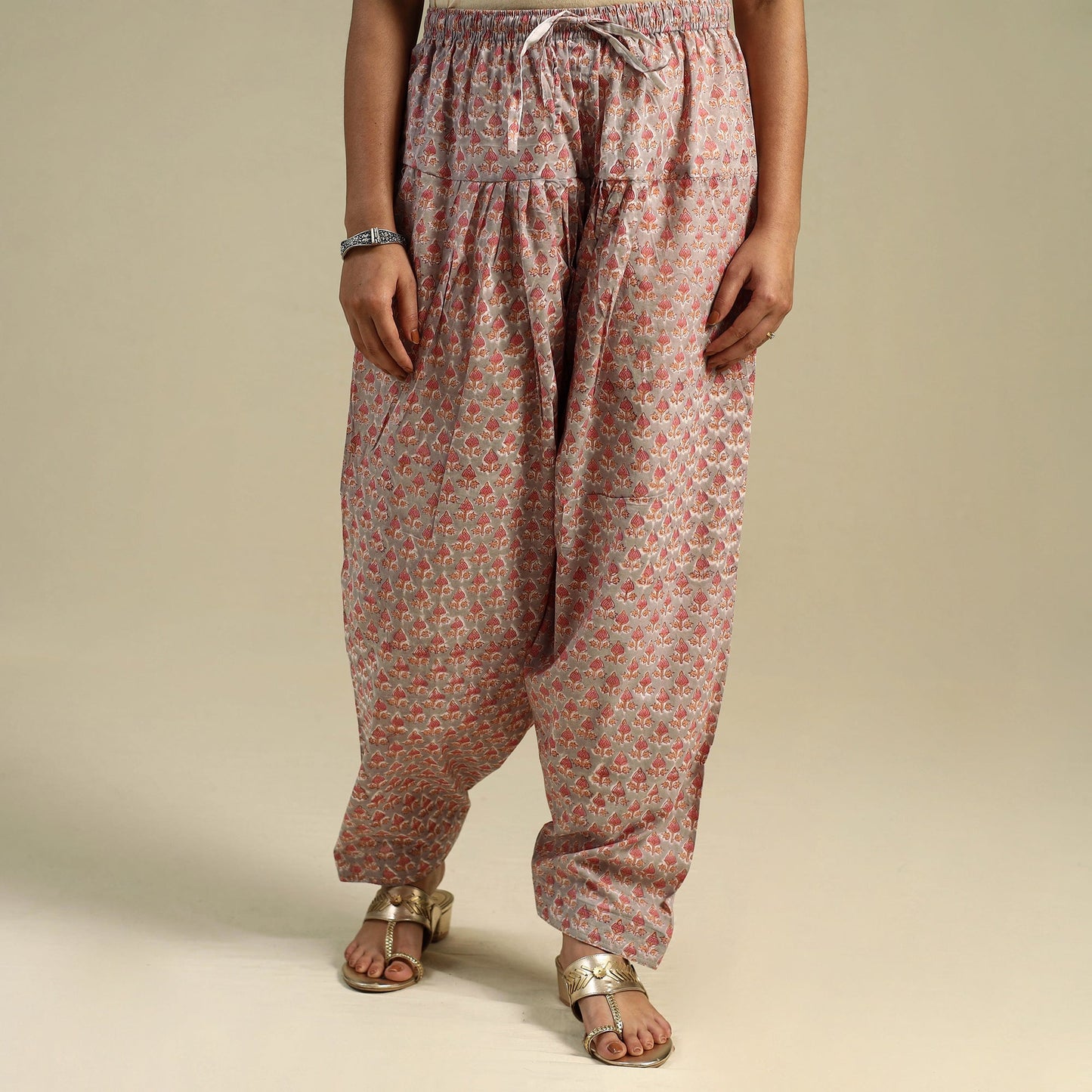 Beige Block Print Cotton Sanganeri Salwar