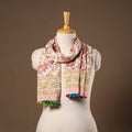 Beige - cotton sanganeri stole with pom 32 - handcrafted