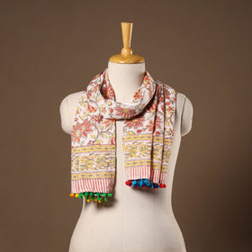Beige - cotton sanganeri stole with pom 32 - handcrafted