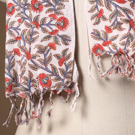 Beige - cotton sanganeri stole with tassels 15 - handcrafted