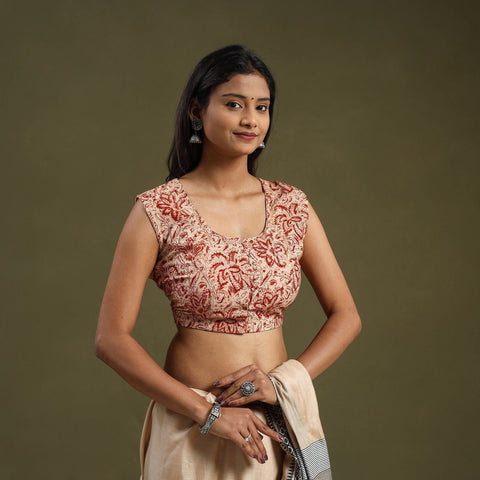 Buy Beige Block Print Cotton Stitched Kalamkari Blouse