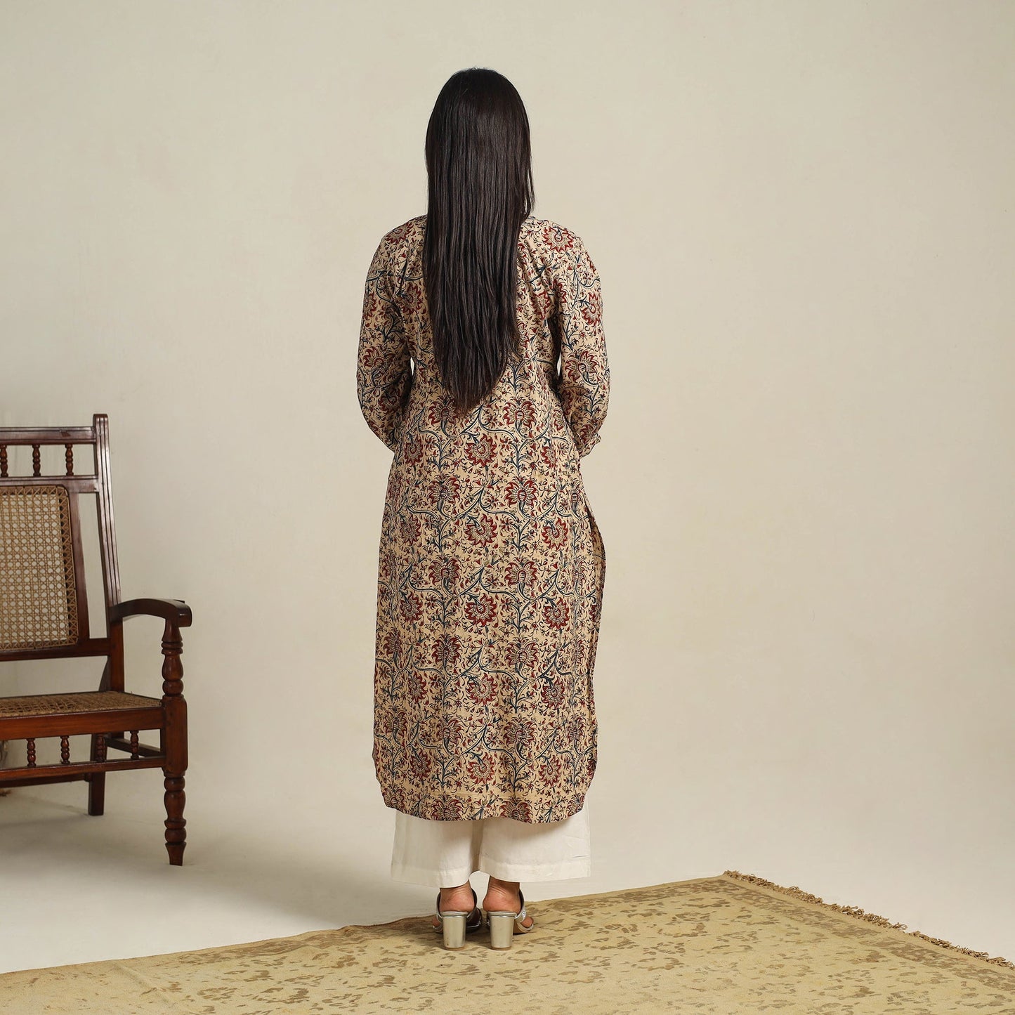  Beige Block Print Cotton Straight Kalamkari Kurta For Women