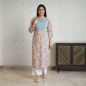 Beige - cotton straight pintuck sanganeri kurta 11
