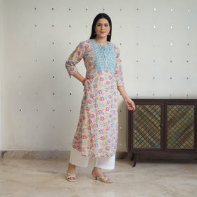 Beige - cotton straight pintuck sanganeri kurta 11