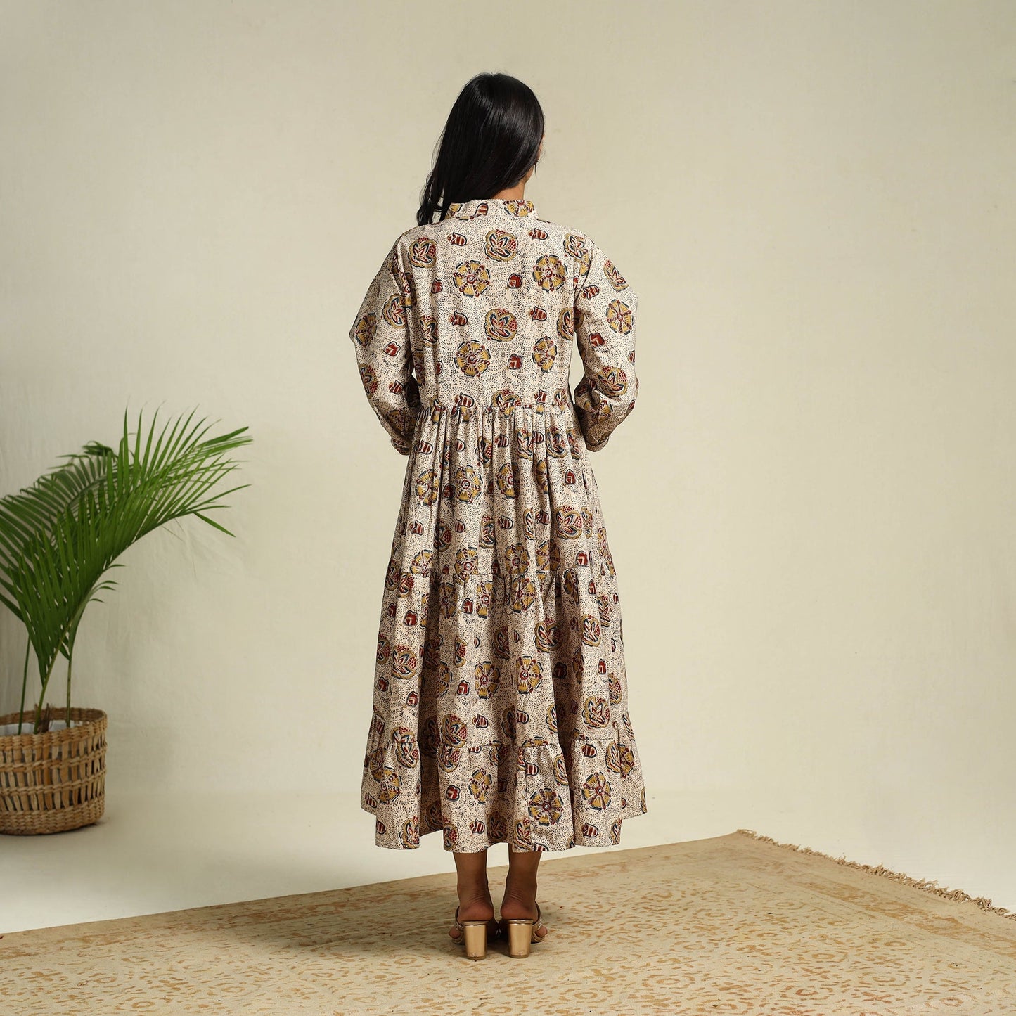 Beige Block Print Cotton Tiered Kalamkari Dress