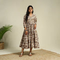Beige Block Print Cotton Tiered Kalamkari Dress
