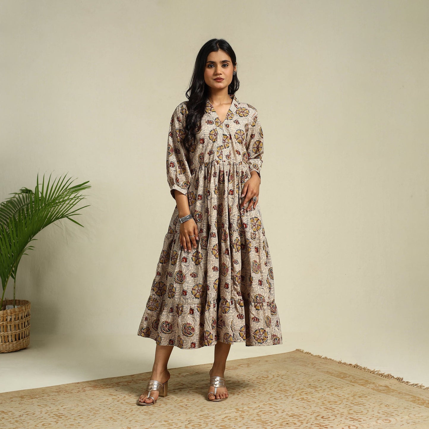 Beige Block Print Cotton Tiered Kalamkari Dress