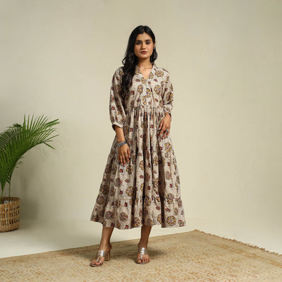 Beige Block Print Cotton Tiered Kalamkari Dress