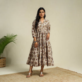 Beige Block Print Cotton Tiered Kalamkari Dress