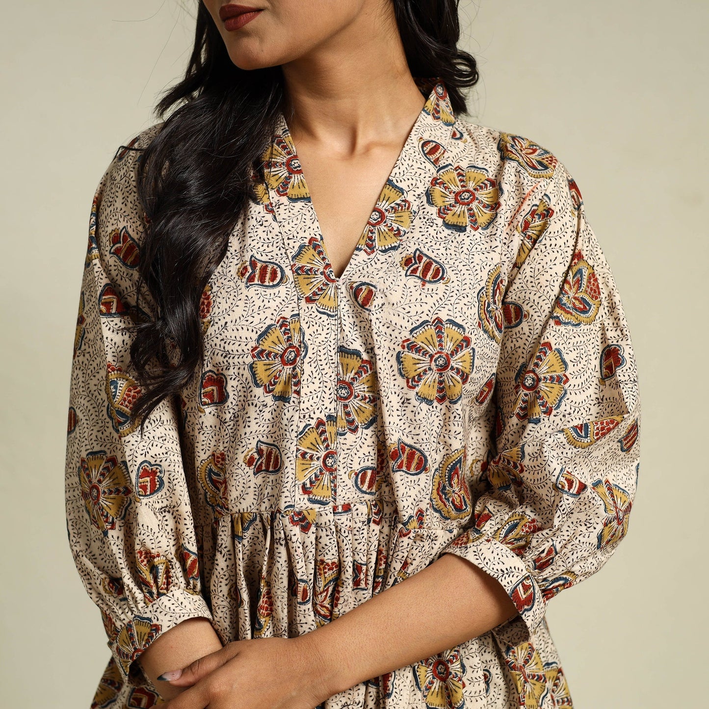 Beige Block Print Cotton Tiered Kalamkari Dress
