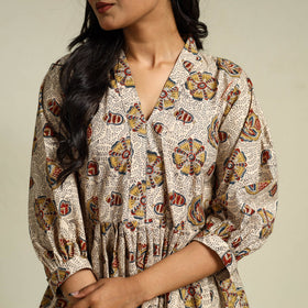 Beige Block Print Cotton Tiered Kalamkari Dress