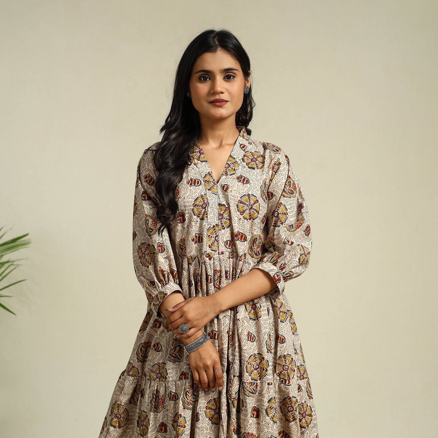 Beige Block Print Cotton Tiered Kalamkari Dress