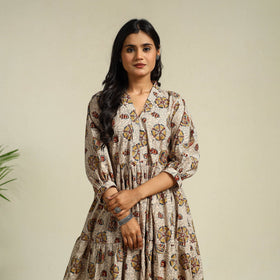 Beige Block Print Cotton Tiered Kalamkari Dress