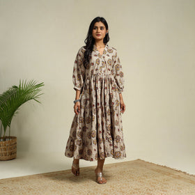 Beige Block Print Cotton Tiered Kalamkari Dress
