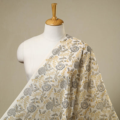  Beige Block Print Handloom Chanderi Silk Sanganeri Fabric