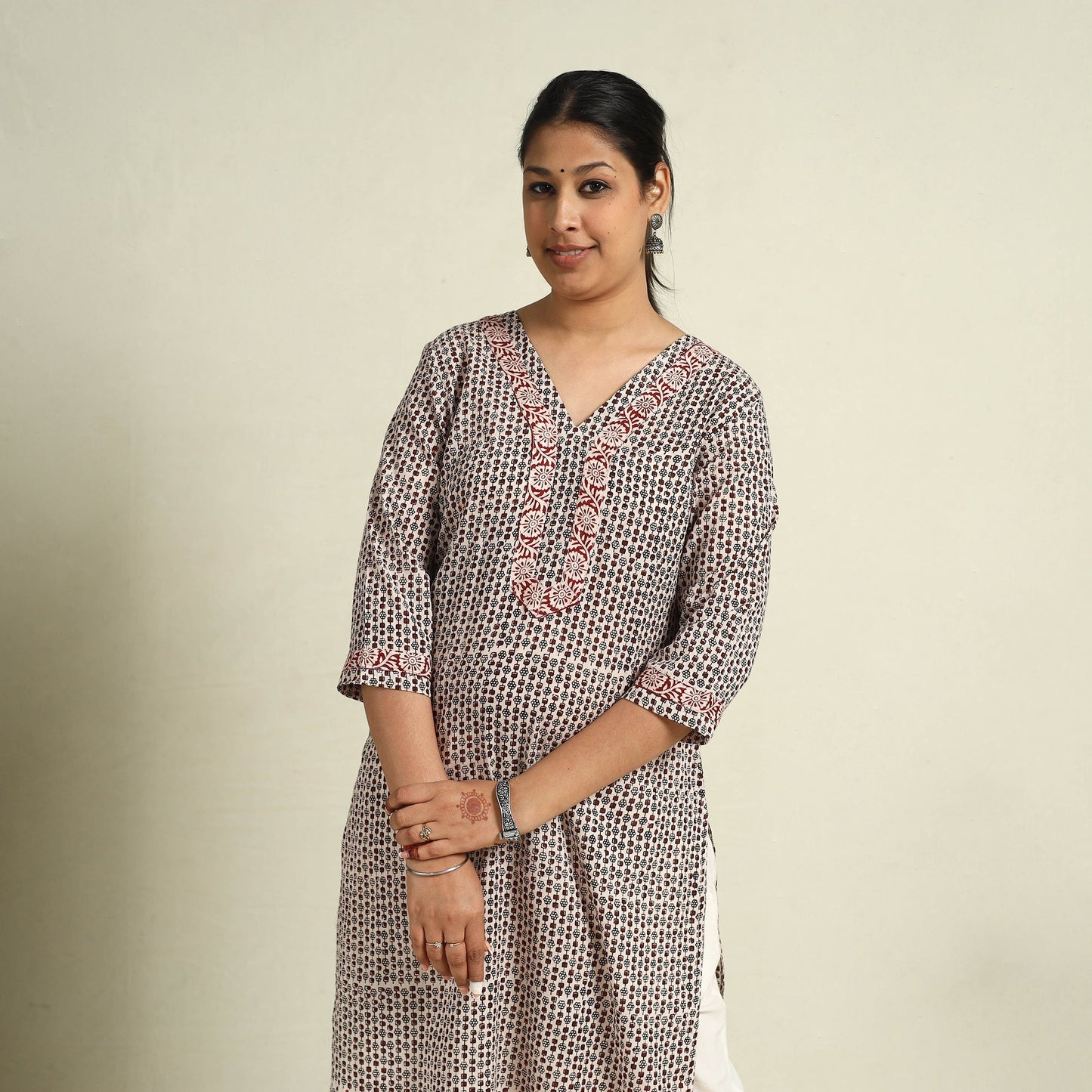  Beige Block Print Mul Cotton Straight Bagh Kurta for Women