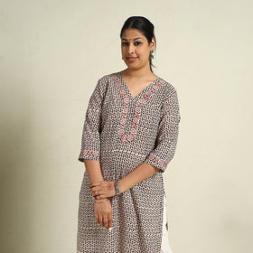  Beige Block Print Mul Cotton Straight Bagh Kurta for Women