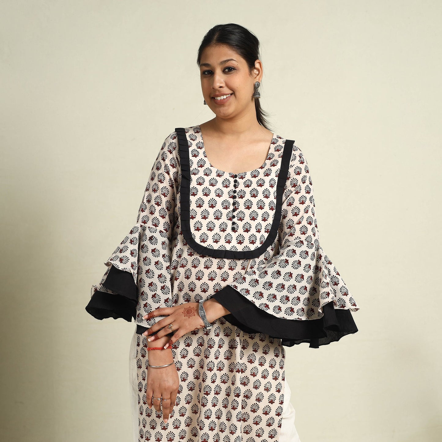  Beige Block Print Mul Cotton Straight Bagh Kurta for Women