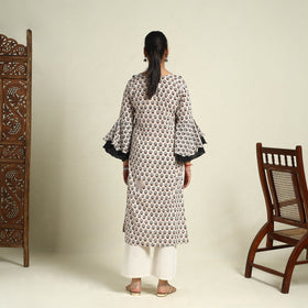  Beige Block Print Mul Cotton Straight Bagh Kurta for Women