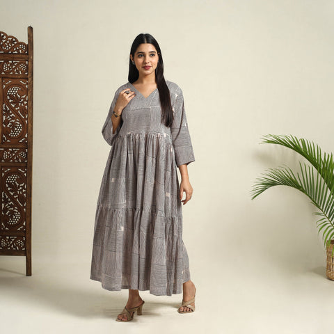 Buy Beige Block Print Mul Cotton Tiered Bagh Dress