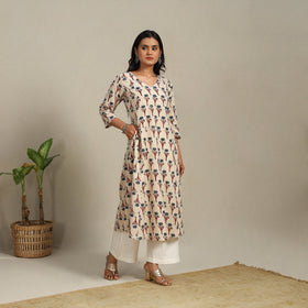 Beige Block Print Natural Dyed Cotton A-Line Ajrakh Kurta