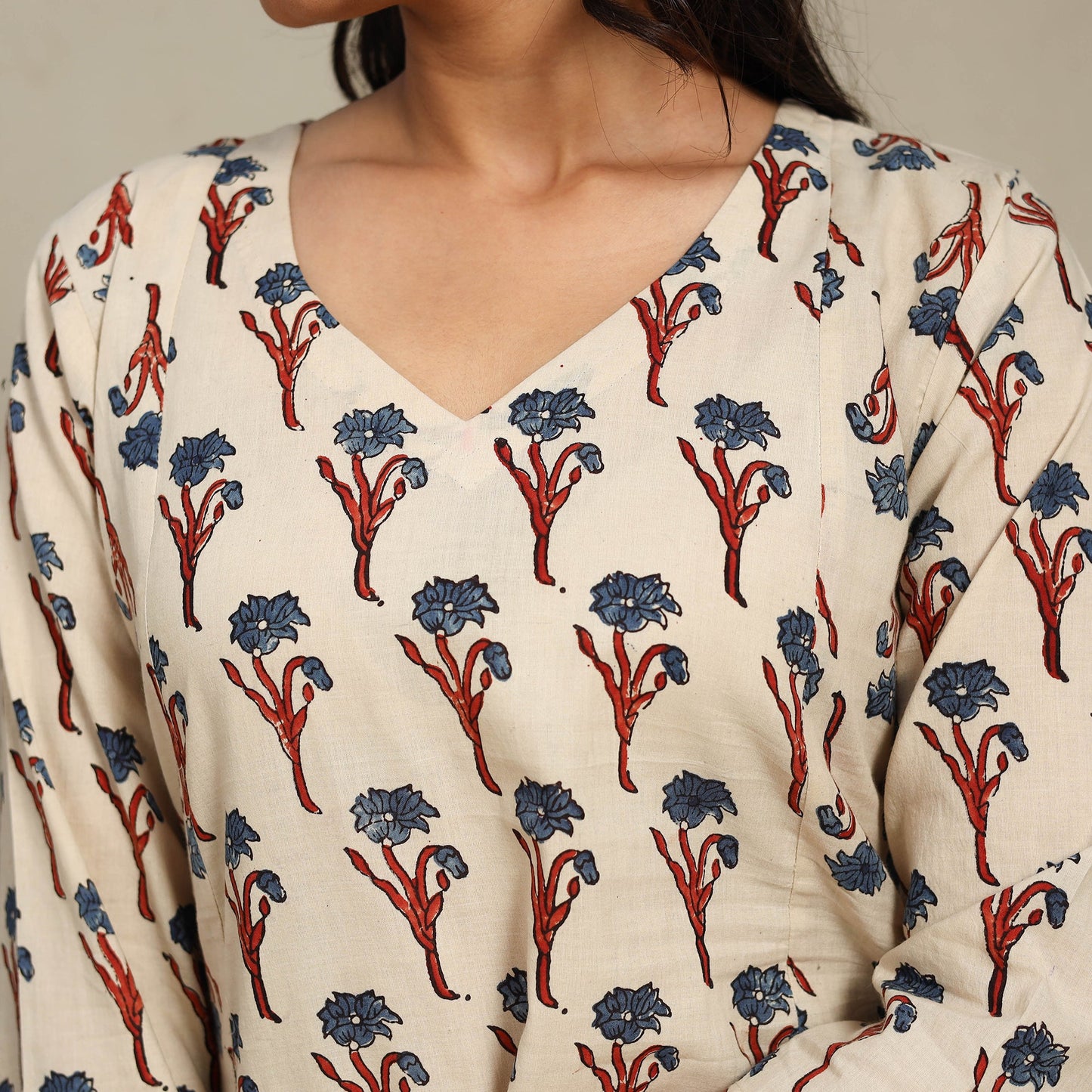 Beige Block Print Natural Dyed Cotton A-Line Ajrakh Kurta