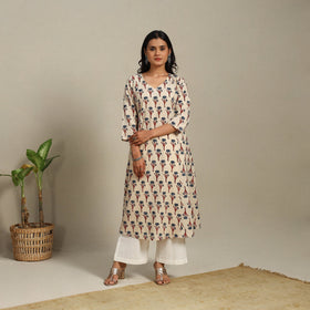 Beige Block Print Natural Dyed Cotton A-Line Ajrakh Kurta