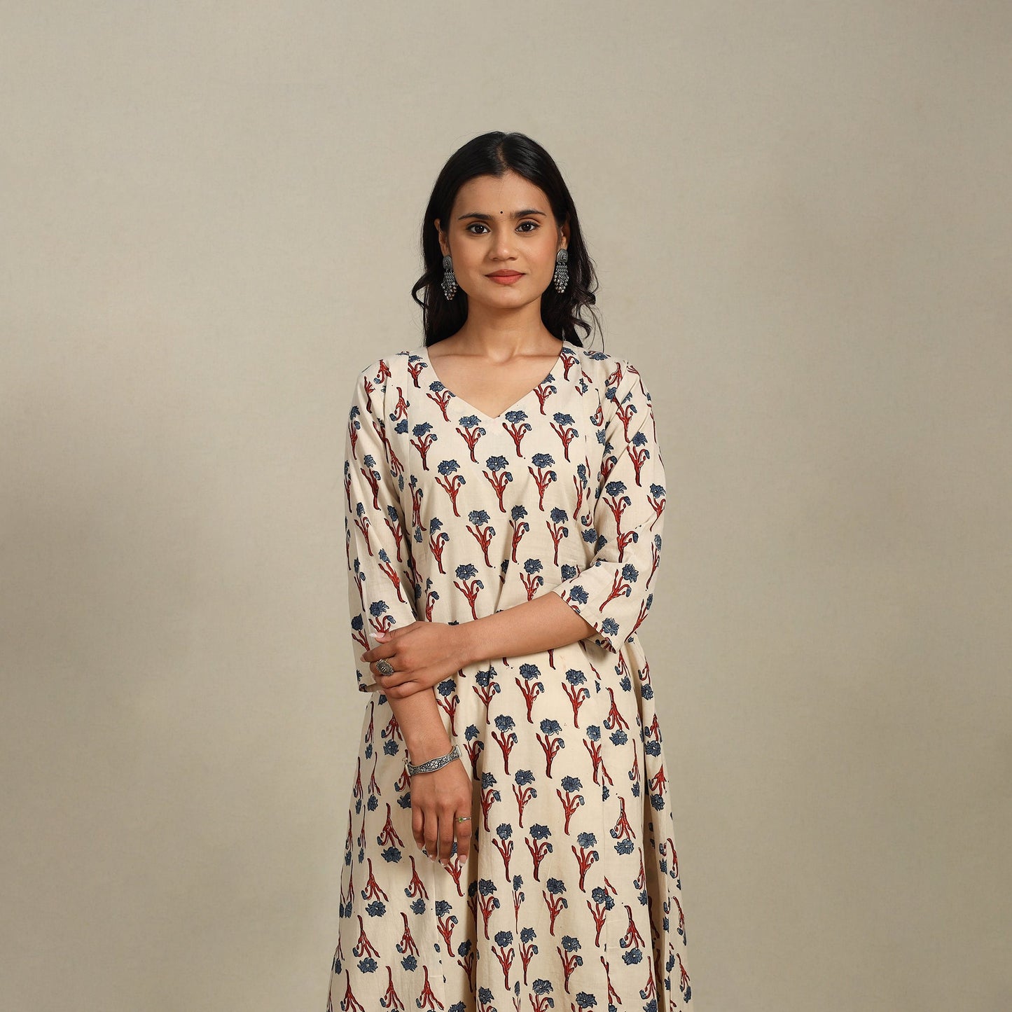 Beige Block Print Natural Dyed Cotton A-Line Ajrakh Kurta