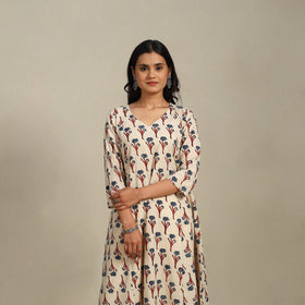 Beige Block Print Natural Dyed Cotton A-Line Ajrakh Kurta
