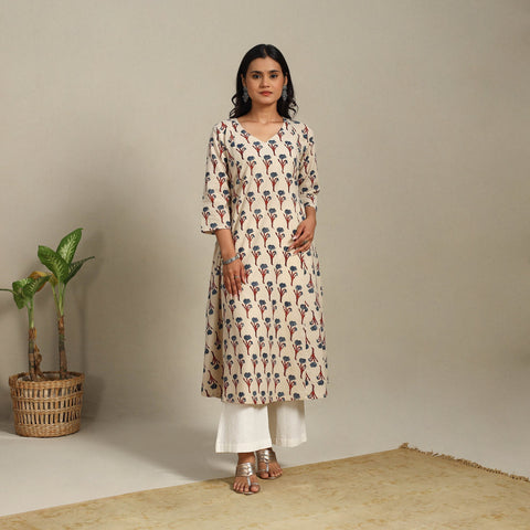 Beige Block Print Natural Dyed Cotton A-Line Ajrakh Kurta