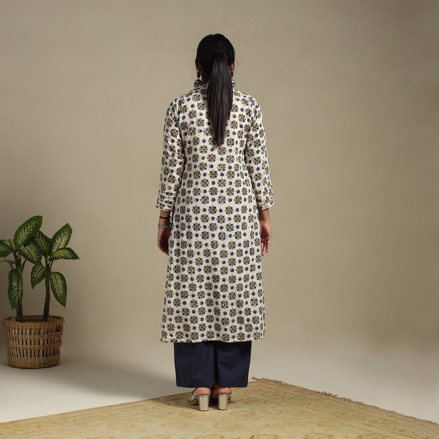 Beige Block Print Natural Dyed Cotton Straight Ajrakh Kurta