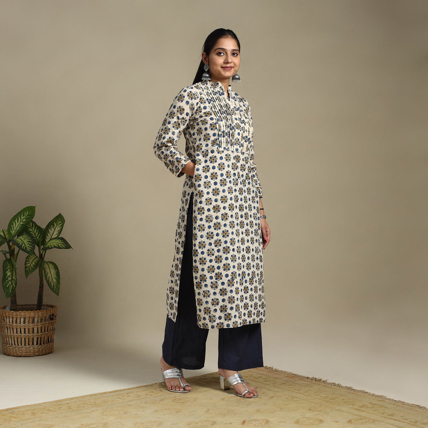 Beige Block Print Natural Dyed Cotton Straight Ajrakh Kurta