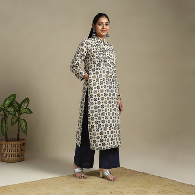 Beige Block Print Natural Dyed Cotton Straight Ajrakh Kurta