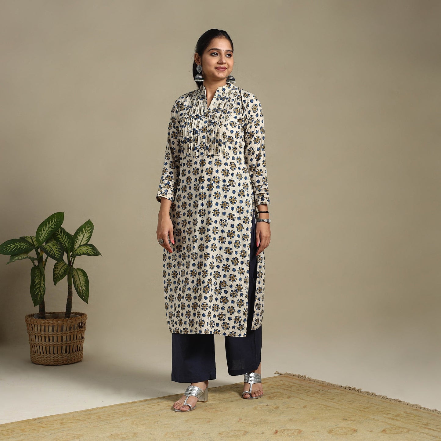 Beige Block Print Natural Dyed Cotton Straight Ajrakh Kurta