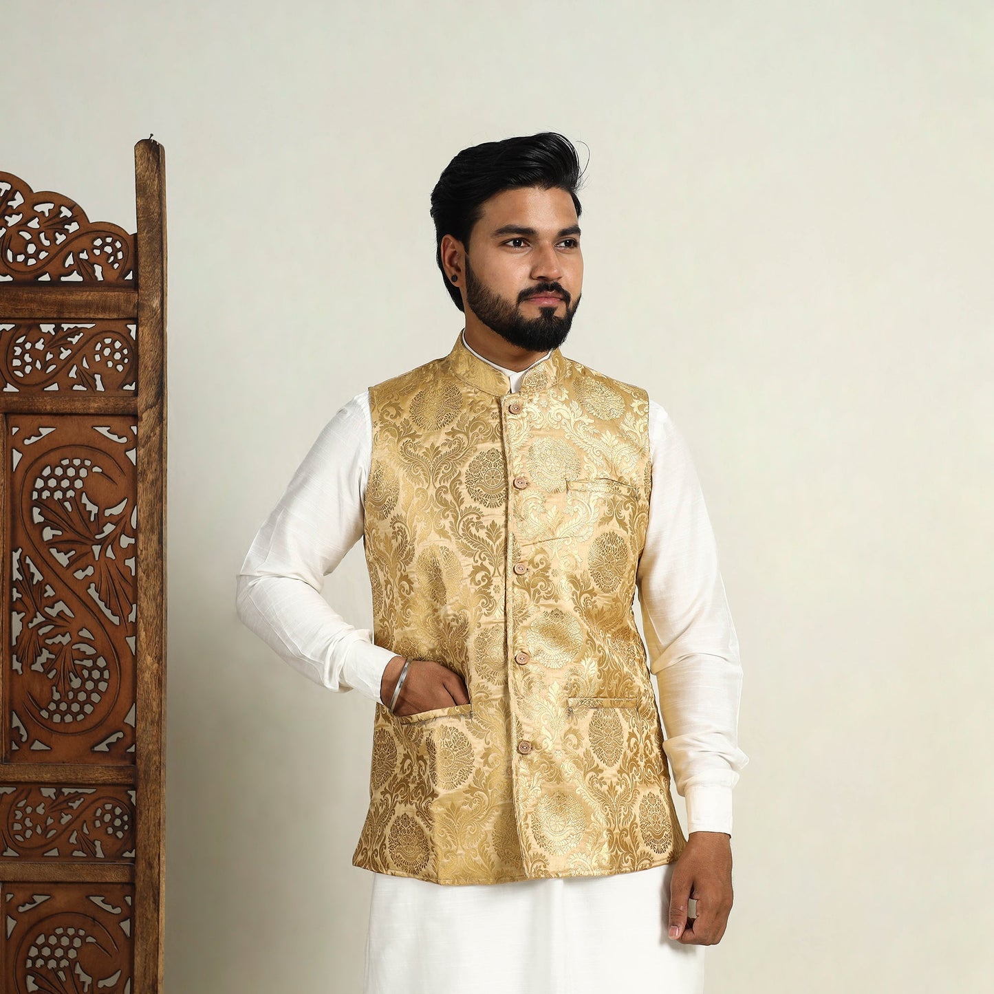 Buy Brocade Silk Beige Banarasi Nehru Jacket