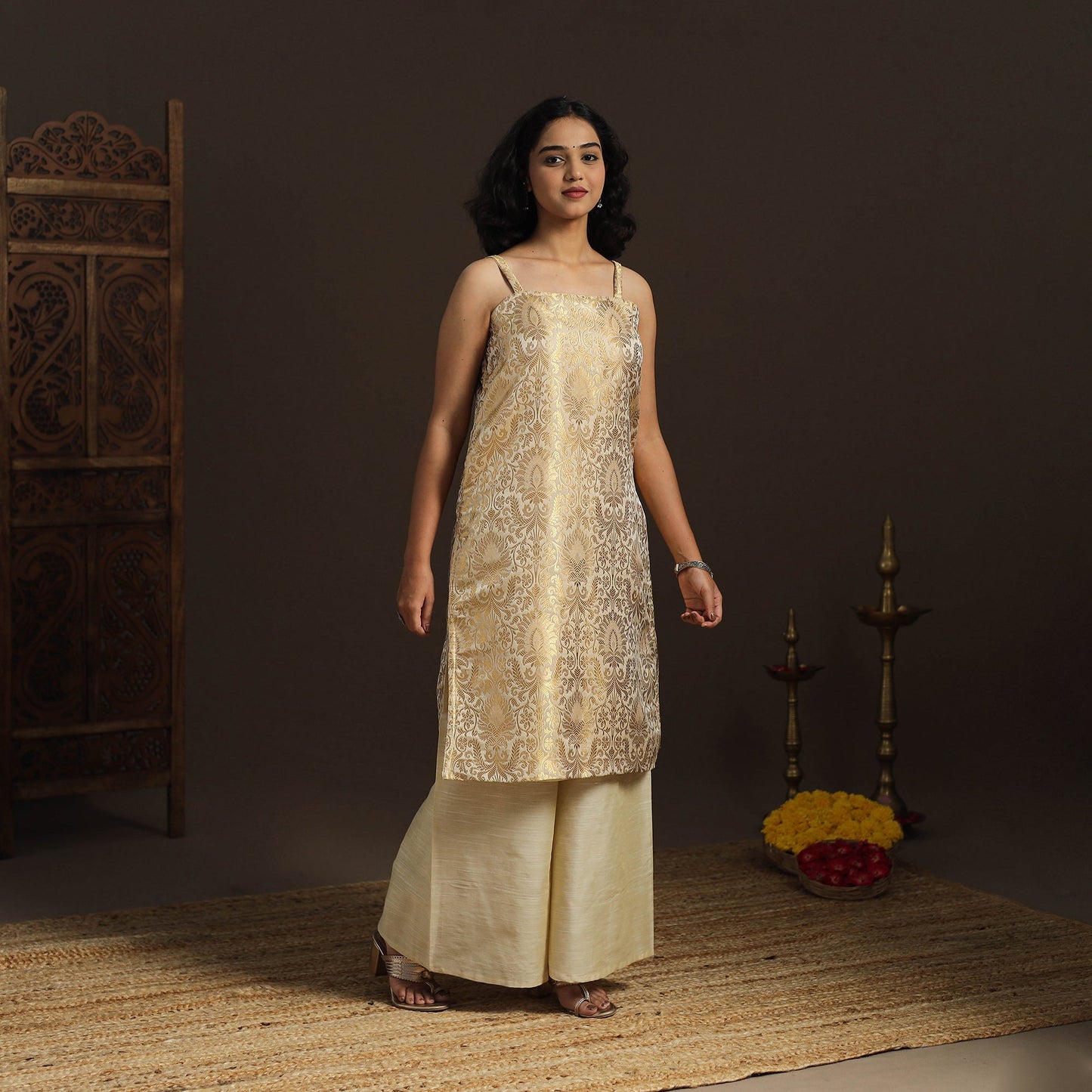 Beige - brocade silk straight banarasi kurta 09