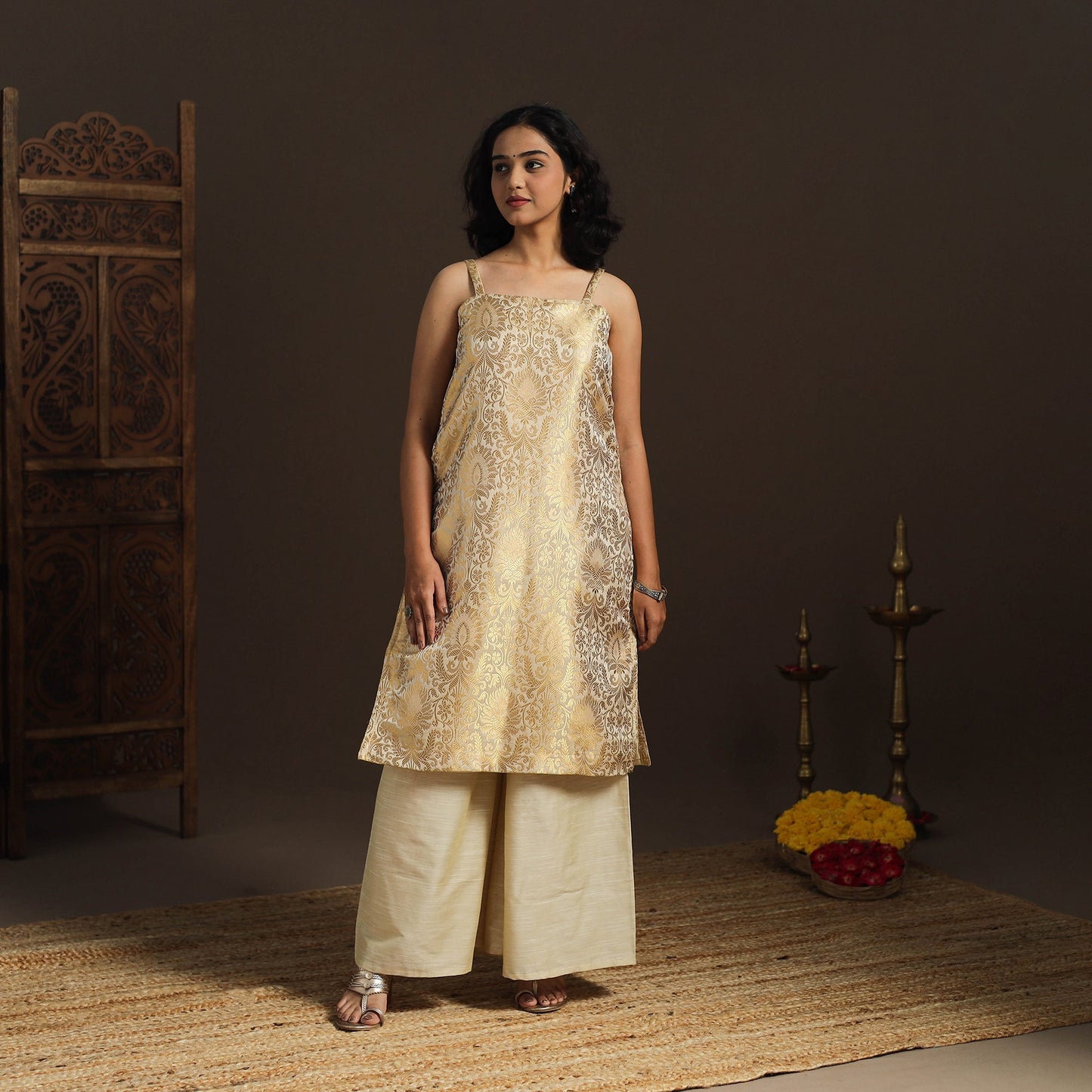 Beige - brocade silk straight banarasi kurta 09