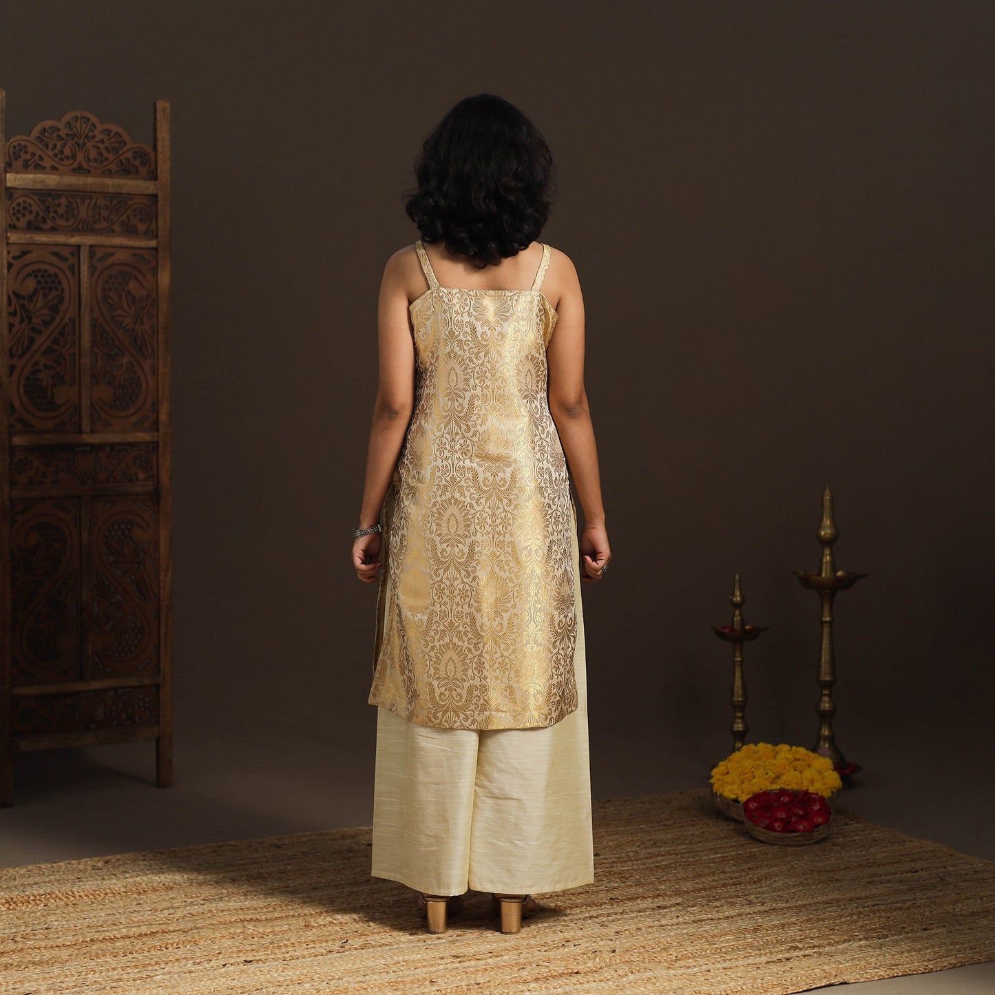 Beige - brocade silk straight banarasi kurta 09