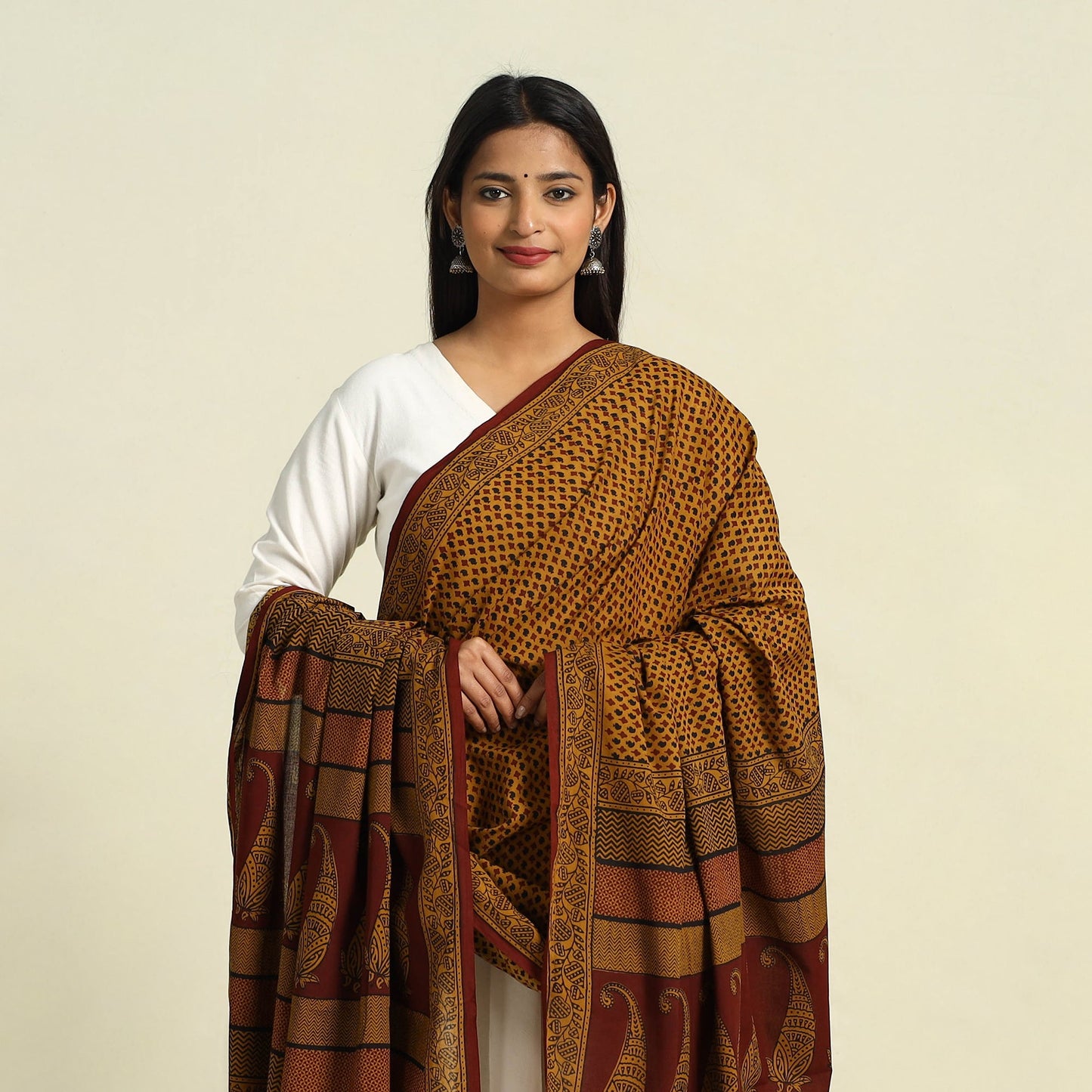  Brown Natural Dye Mul Cotton Bagh Print Dupatta